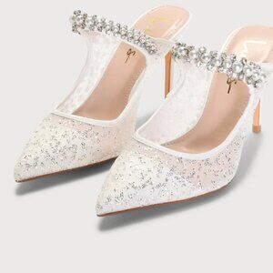 Lulus  Women's White Satin Rhinestone Mule Pumps Size 7.5 White